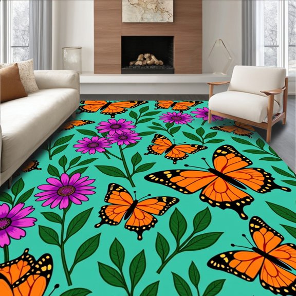 ODIKA 2x3 Machine Washable Non-Slip Area Rug, Garden Latch Hook Kit with Blooming Wildflowers Needlework High Traffic Rug, Orange, 640969