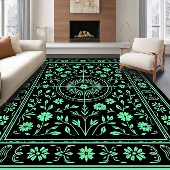 ODIKA 2'x3' Machine Washable Non-Slip Area Rug, Garden Timeless Elegant Blossom Decorative High Traffic Rug, Black, 521548