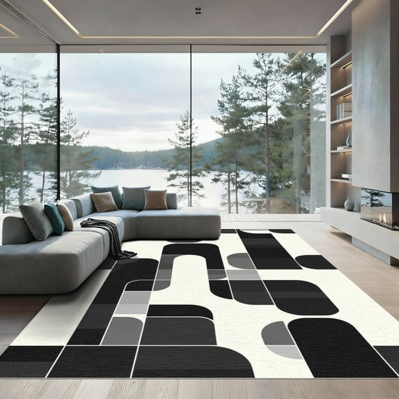 ODIKA 2'x3' Machine Washable Non-Slip Area Rug, Geometric Black High Traffic Rug, Black, 1057478