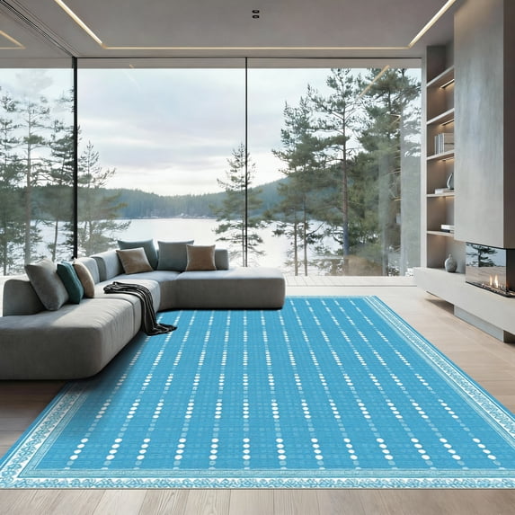 ODIKA 2'x3' Machine Washable Non-Slip Area Rug, Geometric Blue High Traffic Rug, Blue, 1050066