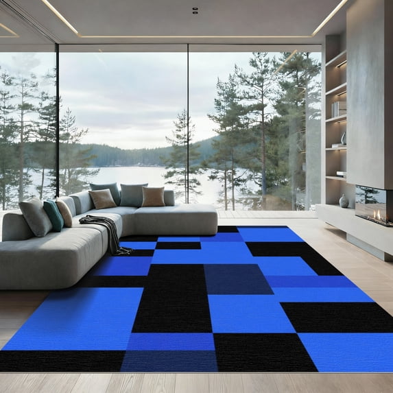 ODIKA 2'x3' Machine Washable Non-Slip Area Rug, Geometric Blue High Traffic Rug with Pad, Blue, 1049741