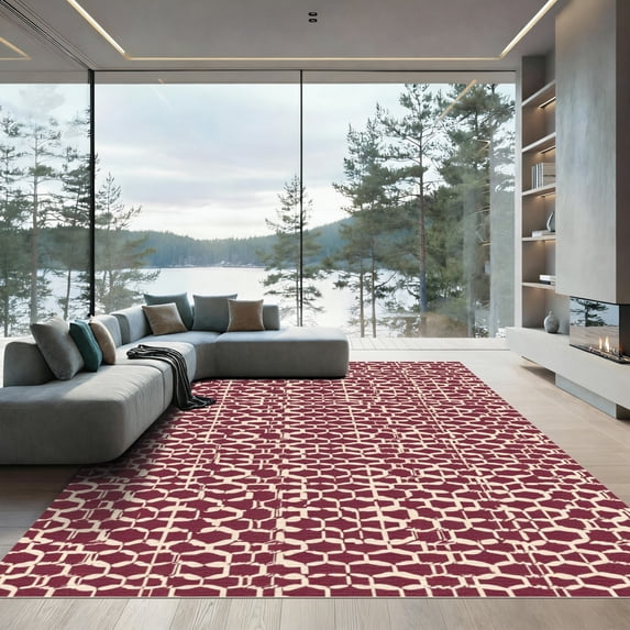 ODIKA 2'x3' Machine Washable Non-Slip Area Rug, Geometric Burgundy High Traffic Rug, Red, 1097572