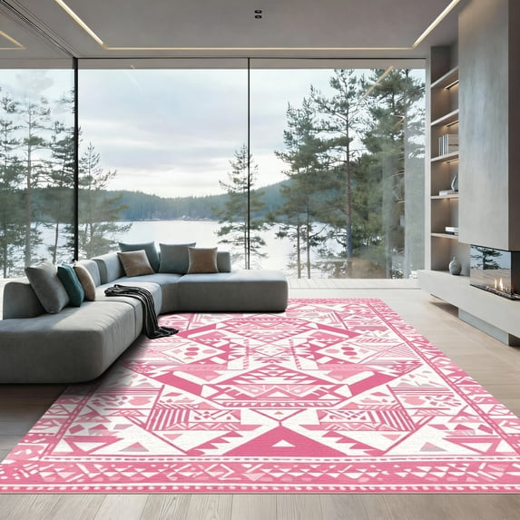 ODIKA 2'x3' Machine Washable Non-Slip Area Rug, Geometric Pink High Traffic Rug, Pink, 1084137