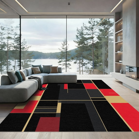 ODIKA 2'x3' Machine Washable Non-Slip Area Rug, Geometric Red High Traffic Rug with Pad, Red, 1058494