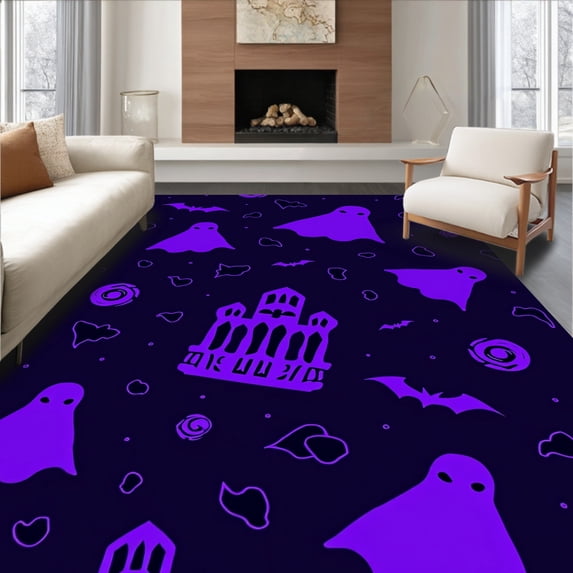 ODIKA 2'x3' Machine Washable Non-Slip Area Rug, Ghostly Mansion Entrance Haunt Decorative Floor Cover High Traffic Rug with Pad, Purple, 656765
