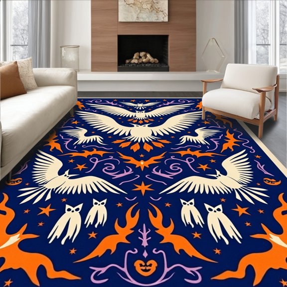 ODIKA 2x3 Machine Washable Non-Slip Area Rug, Ghostly Owl Flight Over Spooky Bat Swarm Halloween Tree Skirt Design High Traffic Rug, Blue, 631907
