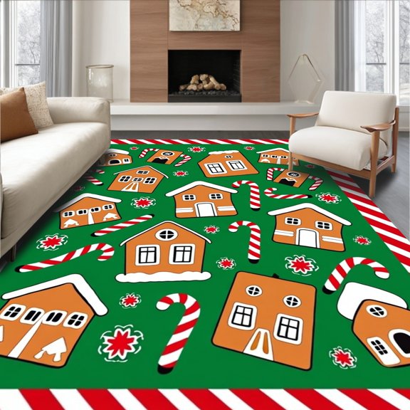 ODIKA 2'x3' Machine Washable Non-Slip Area Rug, Gingerbread House Village Crafting with Cane Stripes High Traffic Rug, Green, 638022