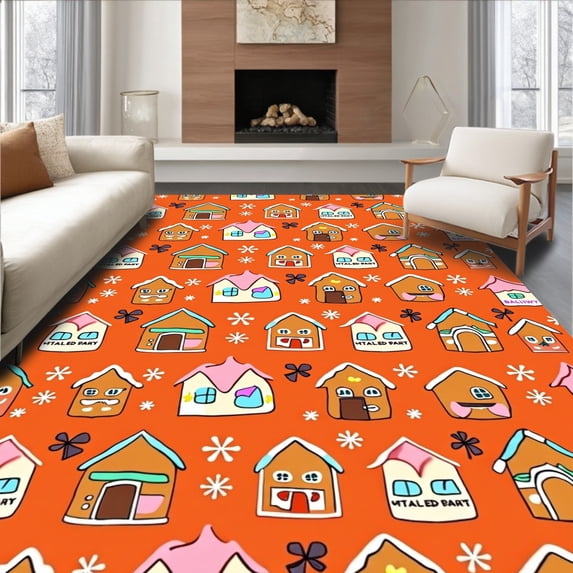ODIKA 2'x3' Machine Washable Non-Slip Area Rug, Gingerbread Village Scene Festive Entry with Cookie Houses High Traffic Rug with Pad, Orange, 611607