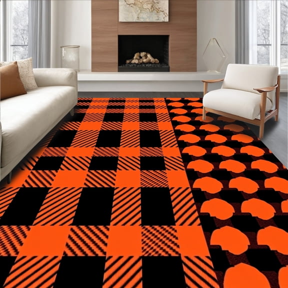 ODIKA 2x3 Machine Washable Non-Slip Area Rug, Gingham Accent featuring Classic Checkered Design High Traffic Rug, Orange, 511288