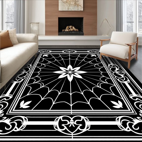 ODIKA 2'x3' Machine Washable Non-Slip Area Rug, Gothic Cobweb Bath with Vintage Victorian Web Motifs High Traffic Rug, Black, 729444
