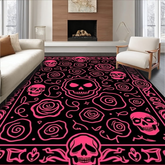 ODIKA 2'x3' Machine Washable Non-Slip Area Rug, Gothic Skull Cartoon Horror Bath with Dark Floral Nightmare Motifs High Traffic Rug, Black, 728195