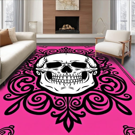 ODIKA 2'x3' Machine Washable Non-Slip Area Rug, Gothic Skull Latch Hook Kit DIY Needlework Pillow Canvas High Traffic Rug with Pad, Pink, 625270