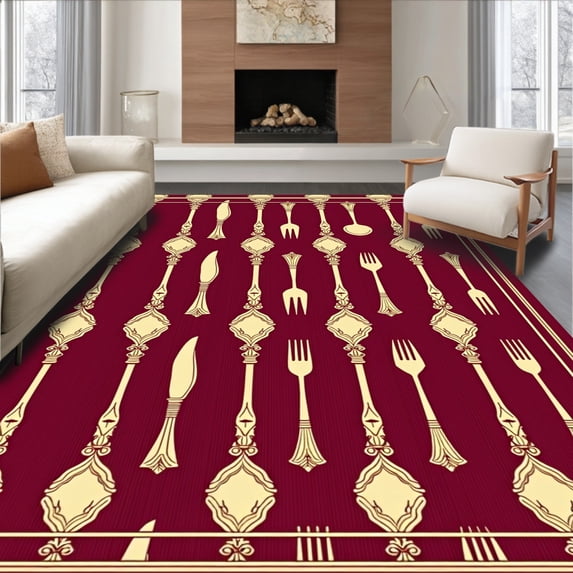 ODIKA 2'x3' Machine Washable Non-Slip Area Rug, Gourmet Chef Dining Utensil Artistic Culinary Display High Traffic Rug, Maroon, 734890