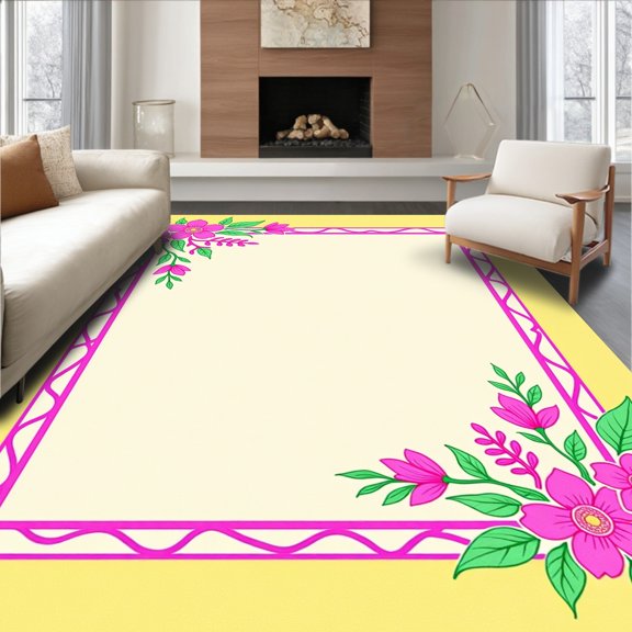 ODIKA 2x3 Machine Washable Non-Slip Area Rug, Graceful Lattice Blossom Timeless Captivating Wonderland High Traffic Rug, Yellow, 583322