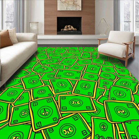 ODIKA 2x3 Machine Washable Non-Slip Area Rug, Graphic Stacked Bills with Playful Cartoon Inspired High Traffic Rug, Green, 723068