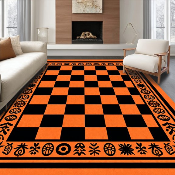 ODIKA 2x3 Machine Washable Non-Slip Area Rug, Gratitude Season Grid Pathway Statement High Traffic Rug, Orange, 602632