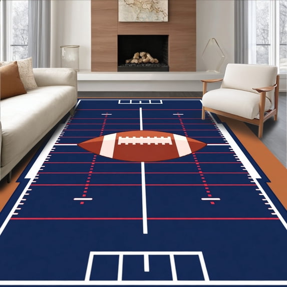 ODIKA 2'x3' Machine Washable Non-Slip Area Rug, Gridiron Yard Lines Central Football Design High Traffic Rug, Blue, 841114