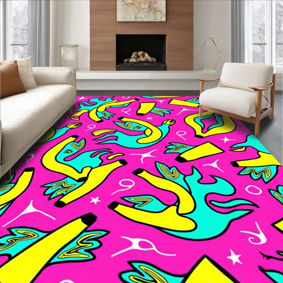 ODIKA 2x3 Machine Washable Non-Slip Area Rug, Happy Monkey and Banana Interlocking Motif with Playful Cartoon Accents High Traffic Rug, Pink, 726285