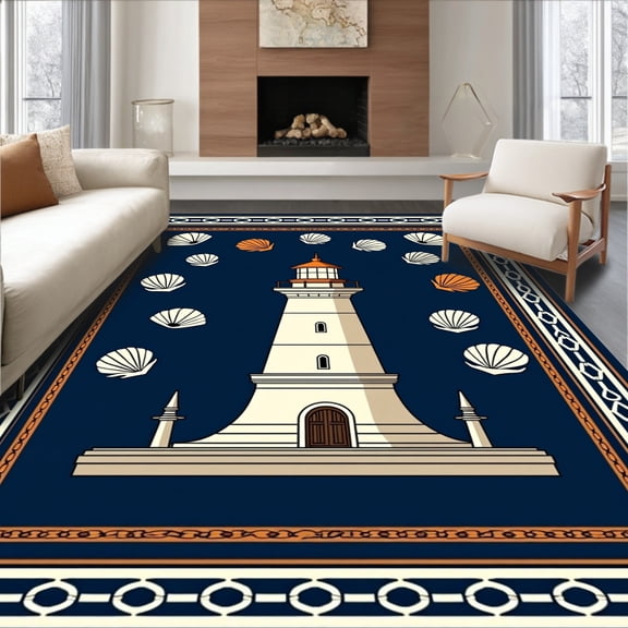 ODIKA 2x3 Machine Washable Non-Slip Area Rug, Harbor Entrance Lighthouse Framed by Nautical Rope and Seashell Motifs High Traffic Rug, Blue, 709898
