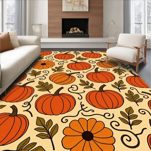 ODIKA 2'x3' Machine Washable Non-Slip Area Rug, Harvest Festival Pumpkin Patch Doormat Welcome Entry High Traffic Rug with Pad, Orange, 605112
