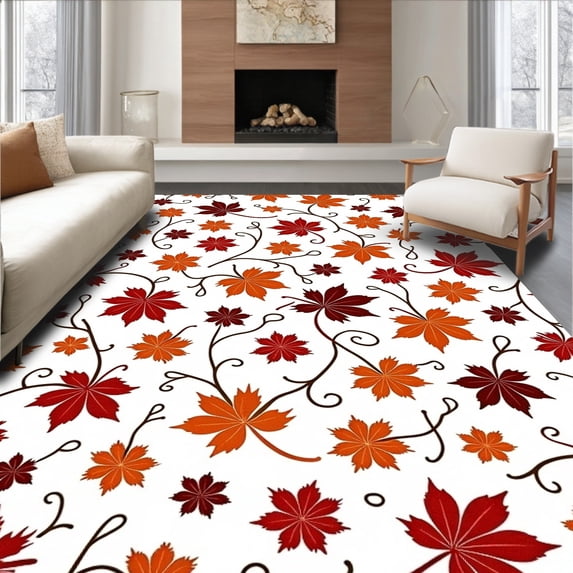 ODIKA 2'x3' Machine Washable Non-Slip Area Rug, Harvest Moon Botanical Garden with Leaves Dancing Motif High Traffic Rug, Orange, 511566