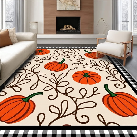 ODIKA 2x3 Machine Washable Non-Slip Area Rug, Harvest Pumpkin Tapestry With Checkered Border Autumn Farmhouse Accent High Traffic Rug, Orange, 602615