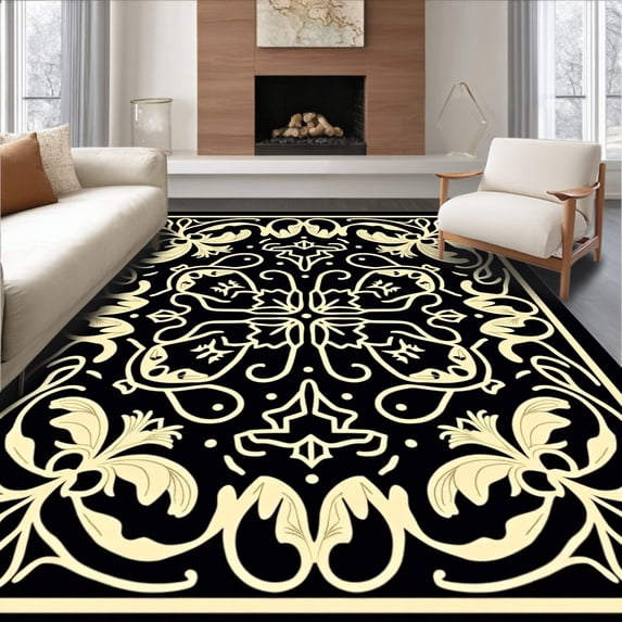 ODIKA 2'x3' Machine Washable Non-Slip Area Rug, Heavenly Blessing Interlocking Angelic Motif Christmas High Traffic Rug, Black, 743365