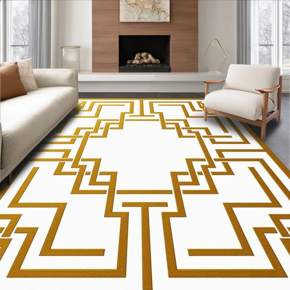 ODIKA 2x3 Machine Washable Non-Slip Area Rug, Hellenic Labyrinth Interlocking Symmetrical Decorative High Traffic Rug, Gold, 666689