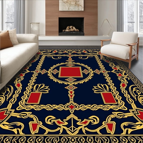 ODIKA 2'x3' Machine Washable Non-Slip Area Rug, Heritage Banner Motif Featuring Interlocking Emblems and Abstract Laurels High Traffic Rug with Pad, Blue, 651768