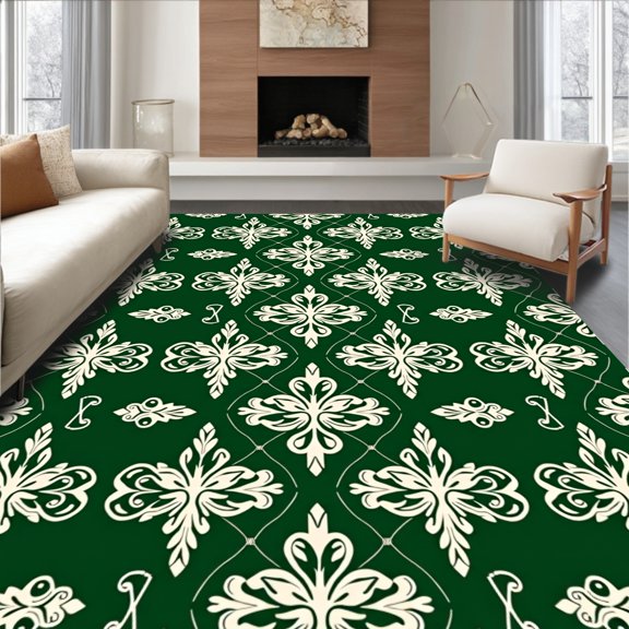 ODIKA 2x3 Machine Washable Non-Slip Area Rug, Heritage Damask Scrollwork Eco Statement High Traffic Rug, Green, 574007