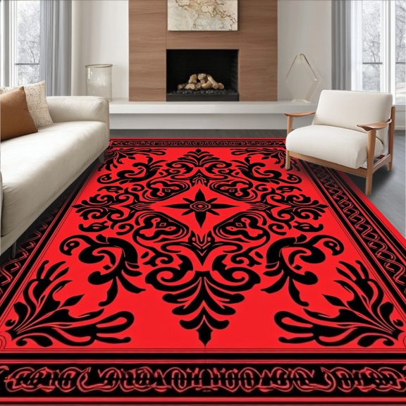 ODIKA 2x3 Machine Washable Non-Slip Area Rug, Heritage Damask Spiral Artistry High Traffic Rug, Red, 506091