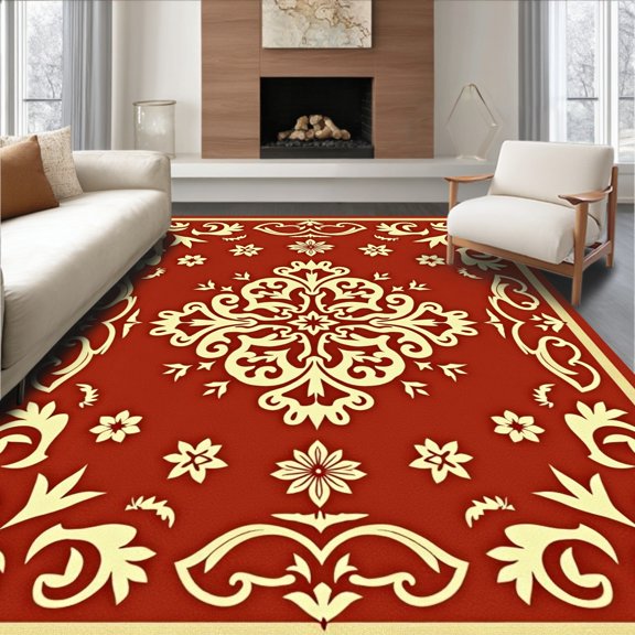 ODIKA 2x3 Machine Washable Non-Slip Area Rug, Heritage Damask Swirls Adorned With Antiqued Floral High Traffic Rug, Red, 510550