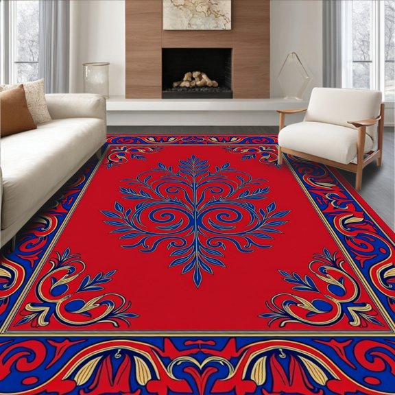 ODIKA 2x3 Machine Washable Non-Slip Area Rug, Heritage Damask with Botanical Embellishments High Traffic Rug, Red, 459657