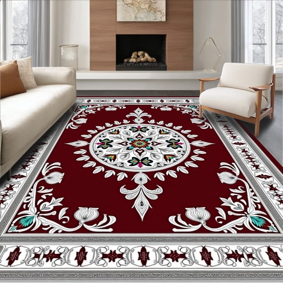 ODIKA 2x3 Machine Washable Non-Slip Area Rug, Heritage Floral Medallion Vintage Classic Elegant Timeless High Traffic Rug, Maroon, 666010