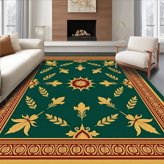 ODIKA 2'x3' Machine Washable Non-Slip Area Rug, Heritage Laurel Emblem with Deep Green and Gold Embellishments High Traffic Rug, Green, 669176
