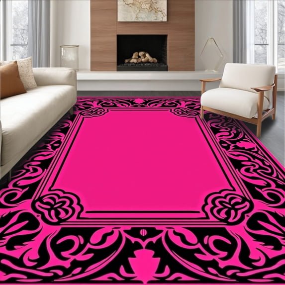ODIKA 2'x3' Machine Washable Non-Slip Area Rug, Heritage Lotus Blossom Motif with Curvilinear Detailing High Traffic Rug, Pink, 665151