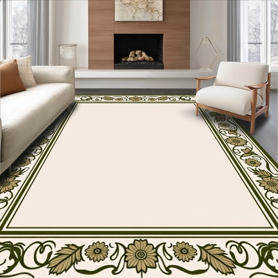 ODIKA 2'x3' Machine Washable Non-Slip Area Rug, Heritage Scroll Border with Stylized Bloom Array High Traffic Rug with Pad, Green, 541729