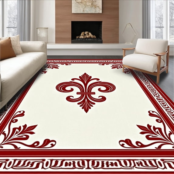 ODIKA 2'x3' Machine Washable Non-Slip Area Rug, Heritage Scroll Motif with Interlocking Fleur de and Baroque Accents High Traffic Rug, Red, 660275