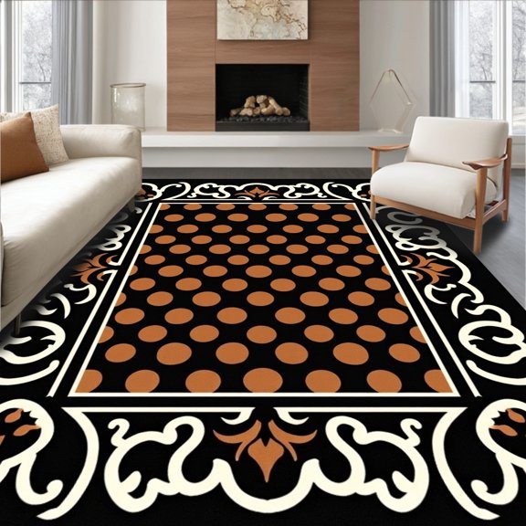 ODIKA 2x3 Machine Washable Non-Slip Area Rug, Heritage Spotted Motif with Flowing Interlocking Vines High Traffic Rug, Black, 578016