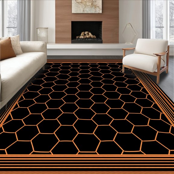 ODIKA 2x3 Machine Washable Non-Slip Area Rug, Hexagonal Honeycomb with Tessellated Polygon Arrangement High Traffic Rug, Black, 445201