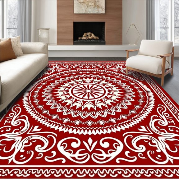 ODIKA 2x3 Machine Washable Non-Slip Area Rug, Hippie Medallion with Mehendi Floral Swirls and Accents High Traffic Rug, Red, 709675