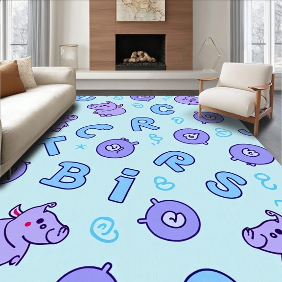 ODIKA 2x3 Machine Washable Non-Slip Area Rug, Hippo Pond Learning with Splashing Letter High Traffic Rug, Blue, 697527