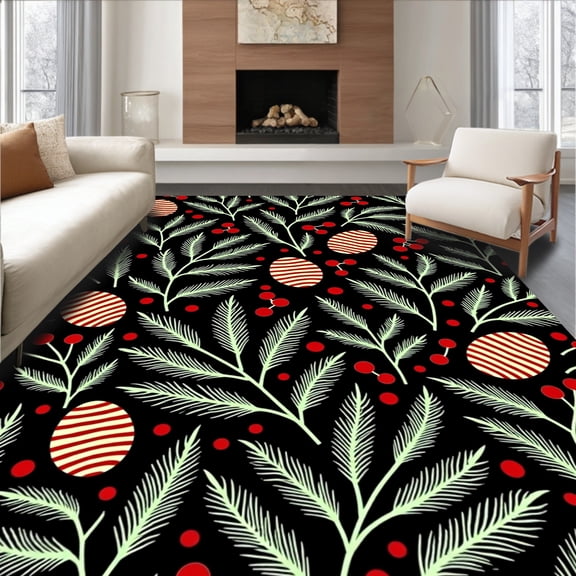 ODIKA 2x3 Machine Washable Non-Slip Area Rug, Holiday Botanical Doormat featuring Seasonal Pine High Traffic Rug, Black, 622062