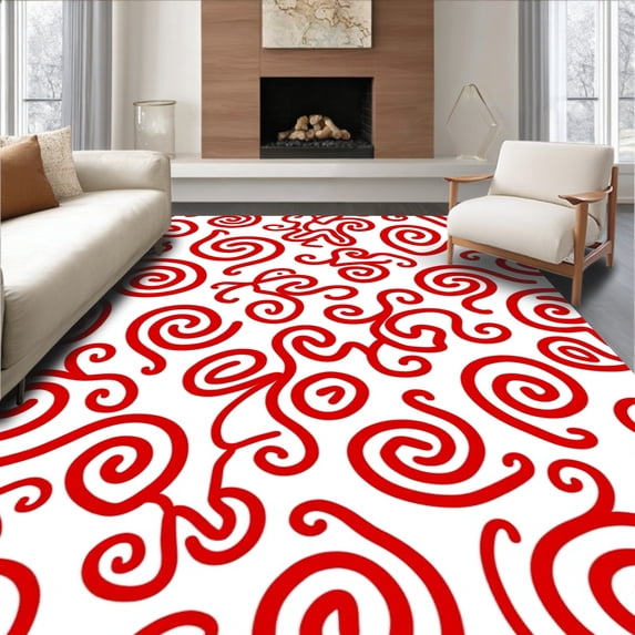 ODIKA 2'x3' Machine Washable Non-Slip Area Rug, Holiday Cane Swirl Bath with Festive Peppermint Stripe Design High Traffic Rug, Red, 655956