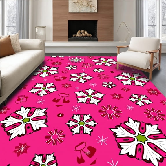 ODIKA 2'x3' Machine Washable Non-Slip Area Rug, Holiday Cheerburst with Playful Santa and Radiant Snow Sprays High Traffic Rug, Pink, 738995