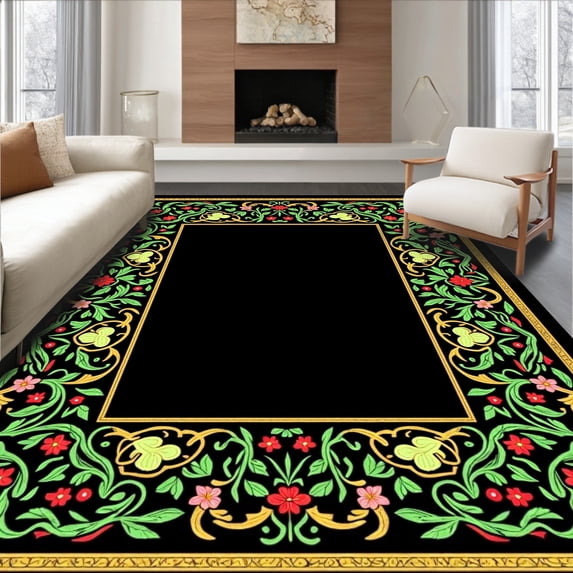 ODIKA 2'x3' Machine Washable Non-Slip Area Rug, Holiday Frog Motif Interlocking Leaves with Botanical Embroidery Inspired Design High Traffic Rug, Black, 648090