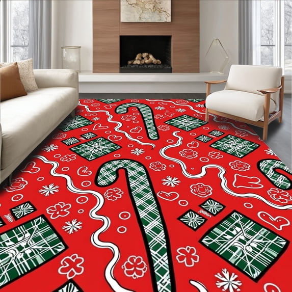ODIKA 2'x3' Machine Washable Non-Slip Area Rug, Holiday Patchwork Design Featuring Cane and Plaid Duo High Traffic Rug with Pad, Red, 621890