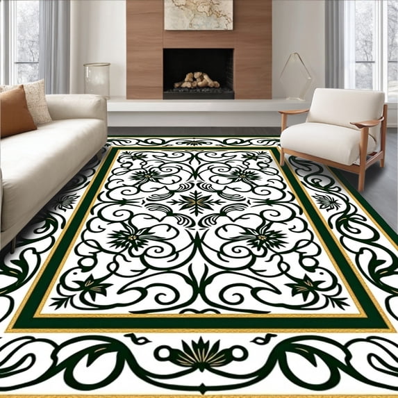 ODIKA 2'x3' Machine Washable Non-Slip Area Rug, Holiday Pinecone Interlocking with Festive Flourish Motif High Traffic Rug, Green, 647857