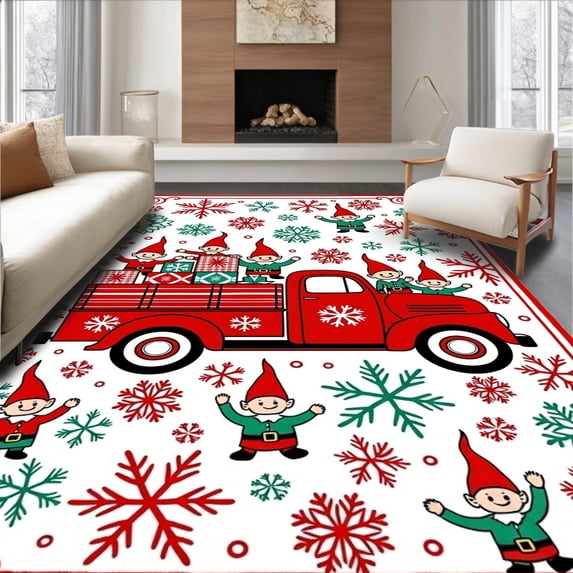 ODIKA 2'x3' Machine Washable Non-Slip Area Rug, Holiday Truck Adventure With Festive Gnome Companions And Snowflake Details High Traffic Rug, Red, 628098