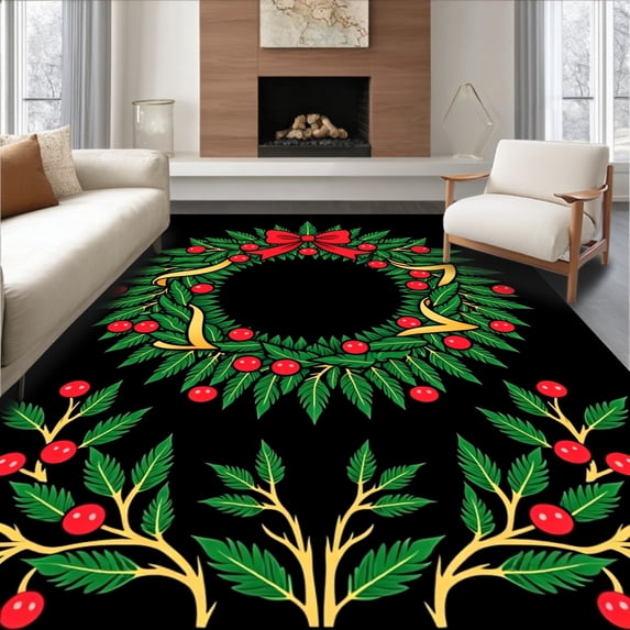 ODIKA 2'x3' Machine Washable Non-Slip Area Rug, Holiday Wreath Embroidery Crochet Yarn Kit Special Shape Cushion Cover High Traffic Rug with Pad, Red, 647903